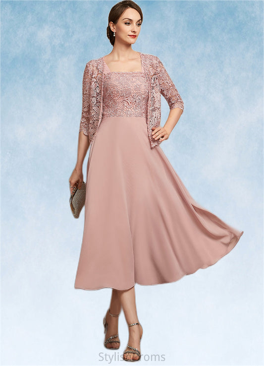 Nora A-Line Square Neckline Tea-Length Chiffon Lace Mother of the Bride Dress With Beading Sequins HQ126P0014789