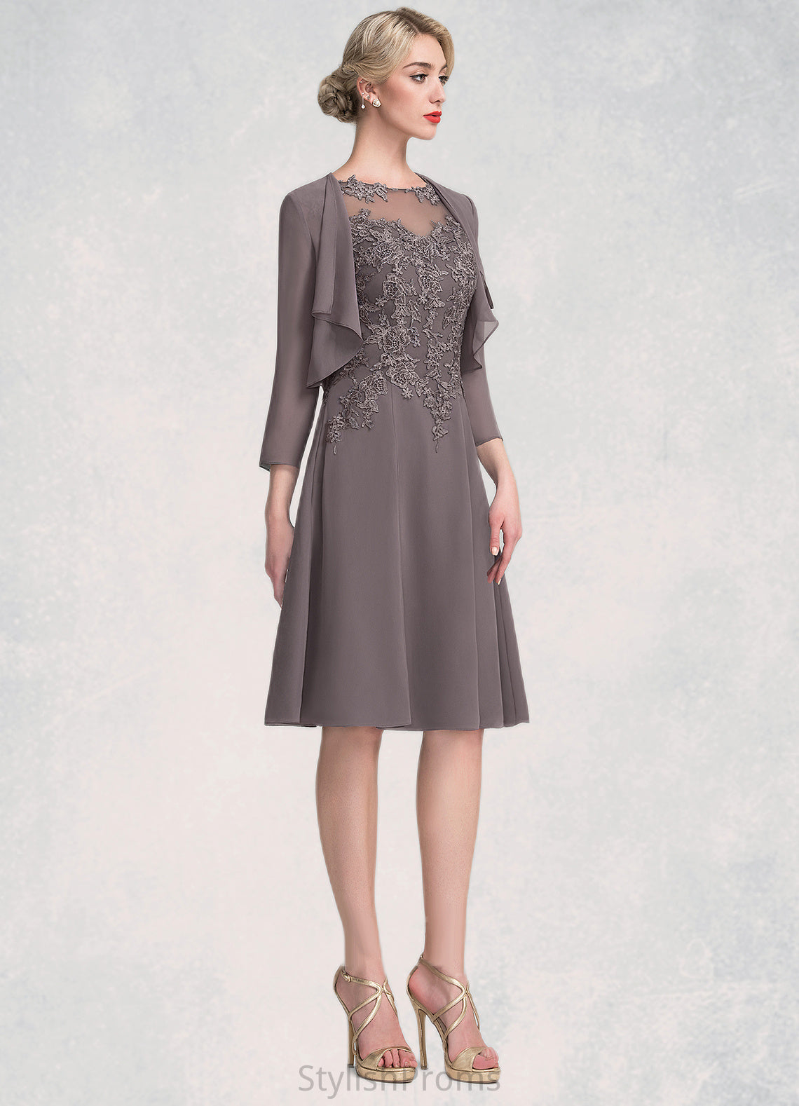 Sloane A-Line Scoop Neck Knee-Length Chiffon Lace Mother of the Bride Dress HQ126P0014790