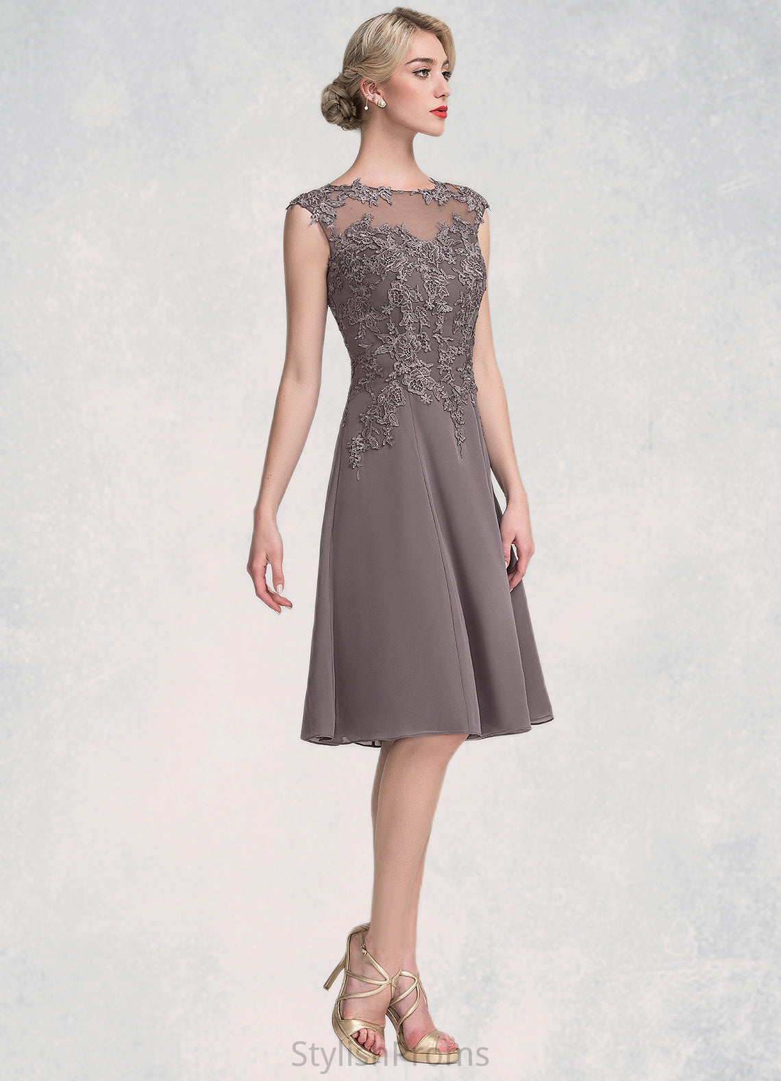 Sloane A-Line Scoop Neck Knee-Length Chiffon Lace Mother of the Bride Dress HQ126P0014790