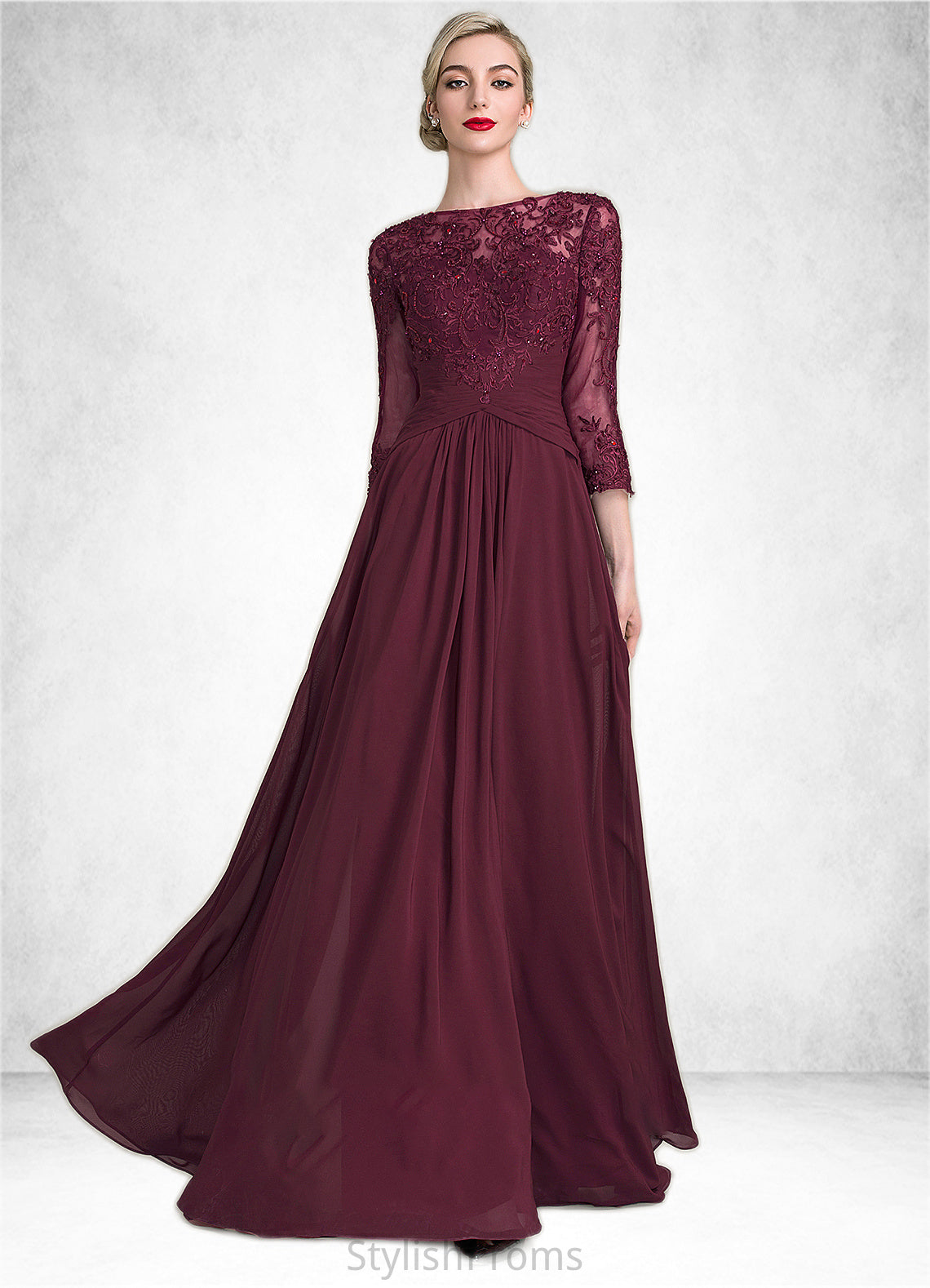 Mariam A-Line Scoop Neck Floor-Length Chiffon Lace Mother of the Bride Dress With Ruffle Beading Sequins HQ126P0014792