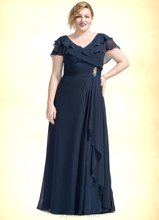 Riley A-Line V-neck Floor-Length Chiffon Mother of the Bride Dress With Crystal Brooch Cascading Ruffles HQ126P0014796