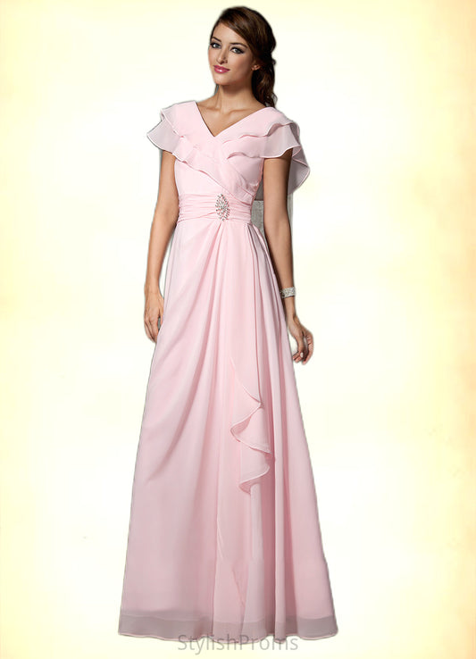 Riley A-Line V-neck Floor-Length Chiffon Mother of the Bride Dress With Crystal Brooch Cascading Ruffles HQ126P0014796