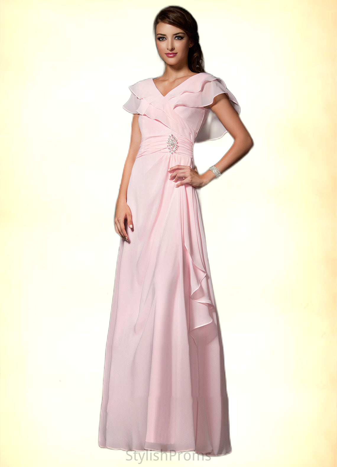 Riley A-Line V-neck Floor-Length Chiffon Mother of the Bride Dress With Crystal Brooch Cascading Ruffles HQ126P0014796