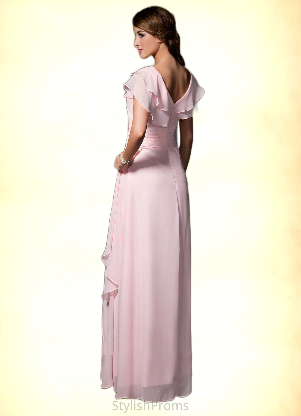 Riley A-Line V-neck Floor-Length Chiffon Mother of the Bride Dress With Crystal Brooch Cascading Ruffles HQ126P0014796