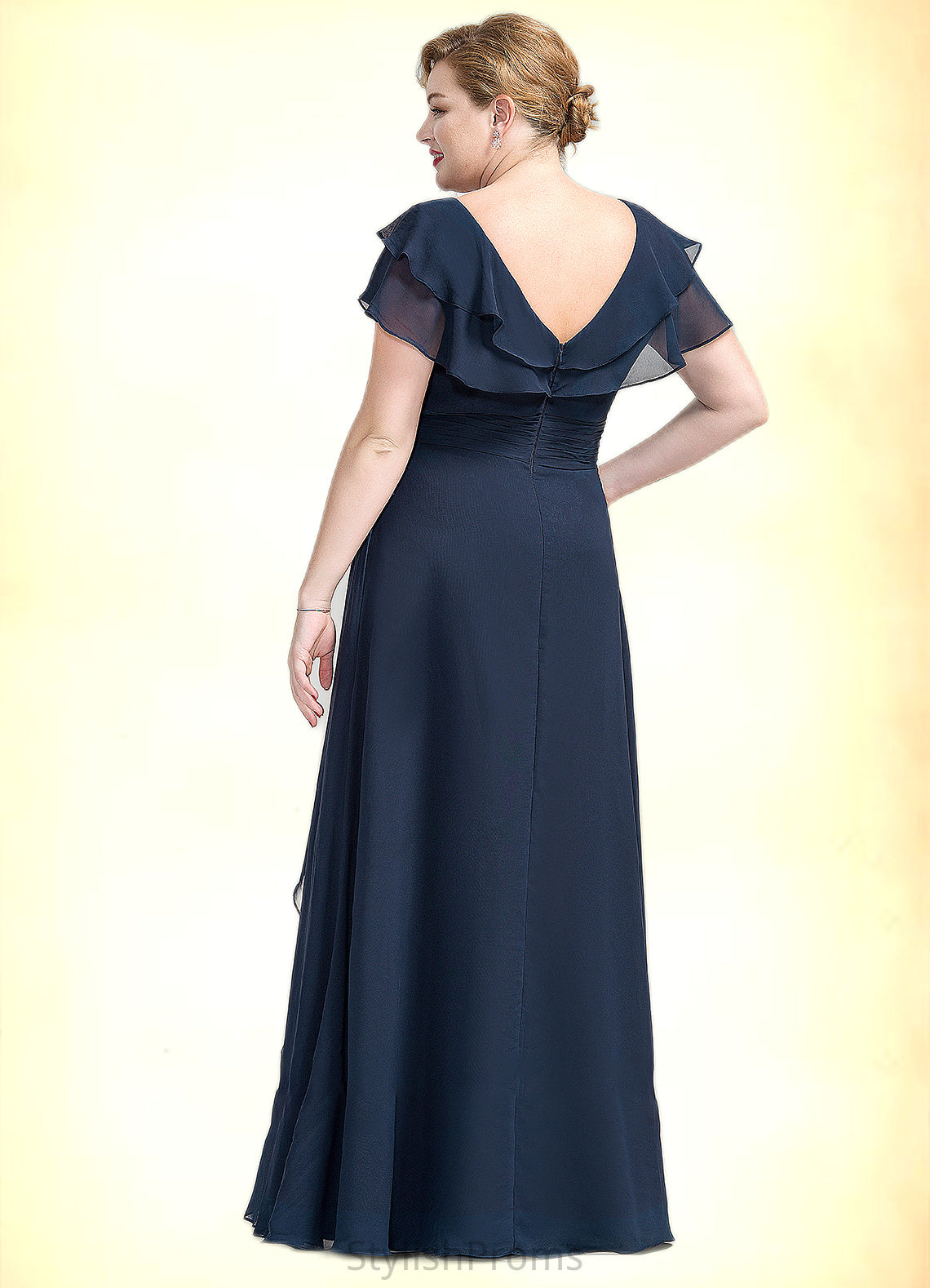 Riley A-Line V-neck Floor-Length Chiffon Mother of the Bride Dress With Crystal Brooch Cascading Ruffles HQ126P0014796