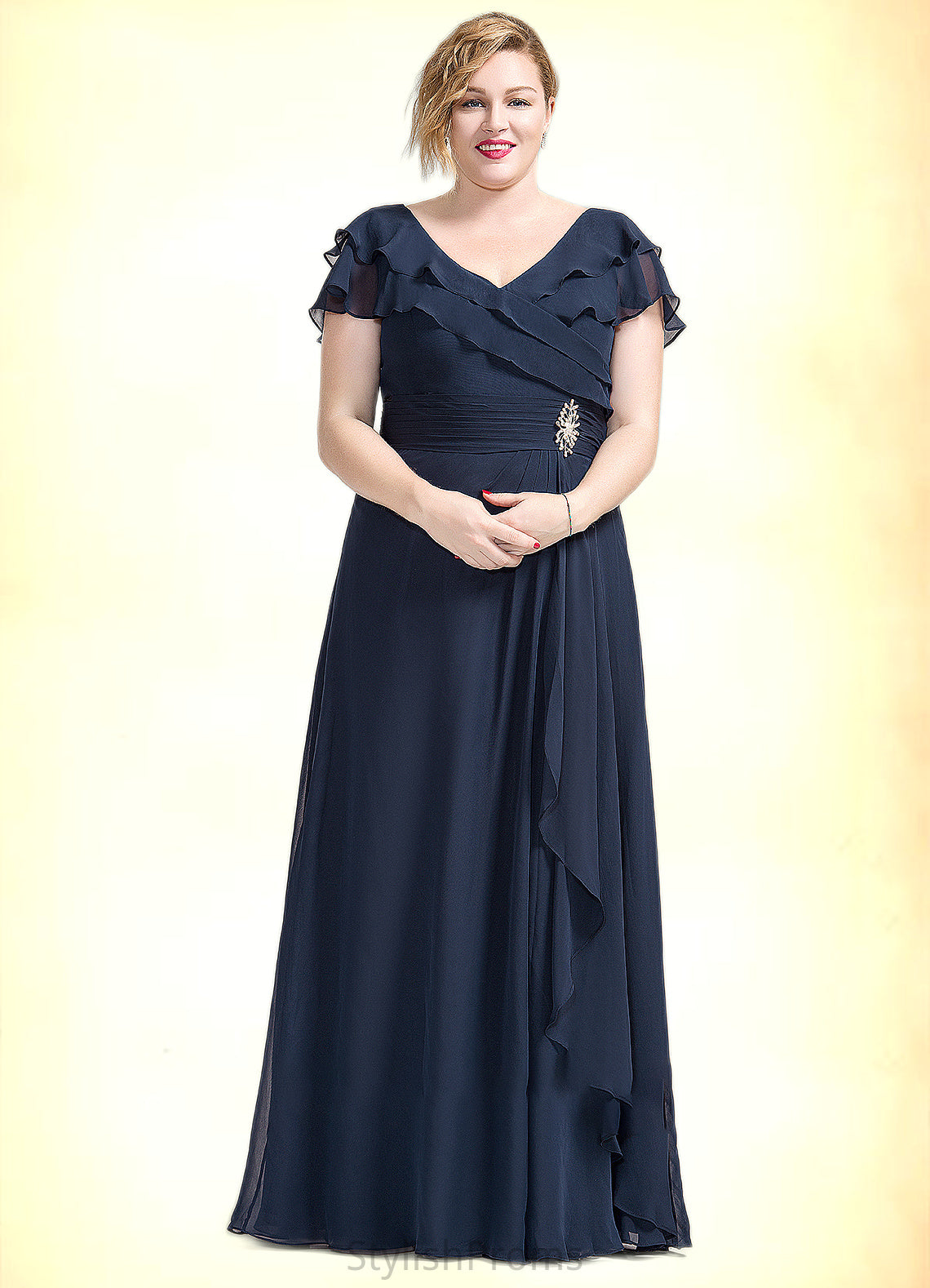 Riley A-Line V-neck Floor-Length Chiffon Mother of the Bride Dress With Crystal Brooch Cascading Ruffles HQ126P0014796