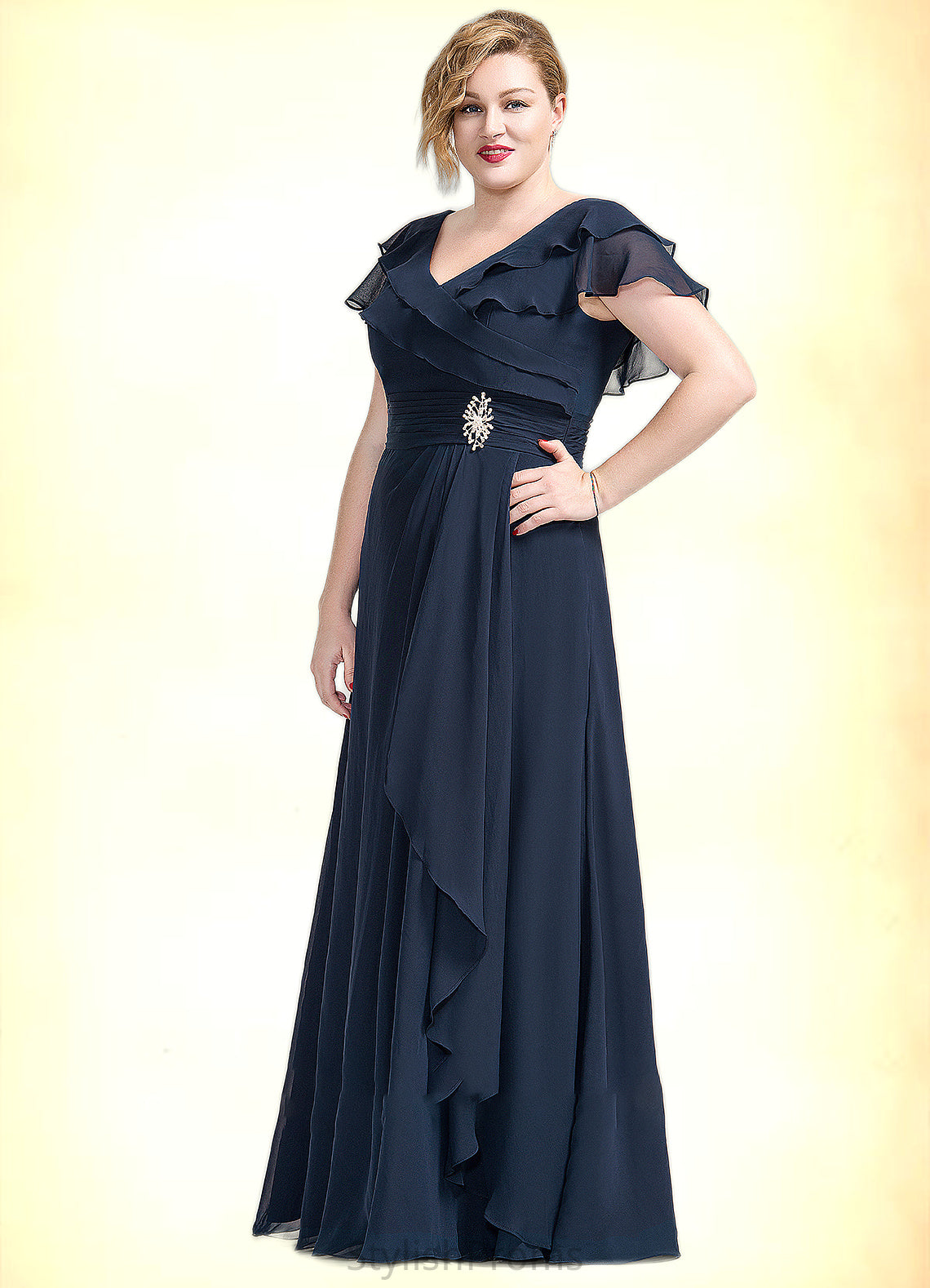 Riley A-Line V-neck Floor-Length Chiffon Mother of the Bride Dress With Crystal Brooch Cascading Ruffles HQ126P0014796