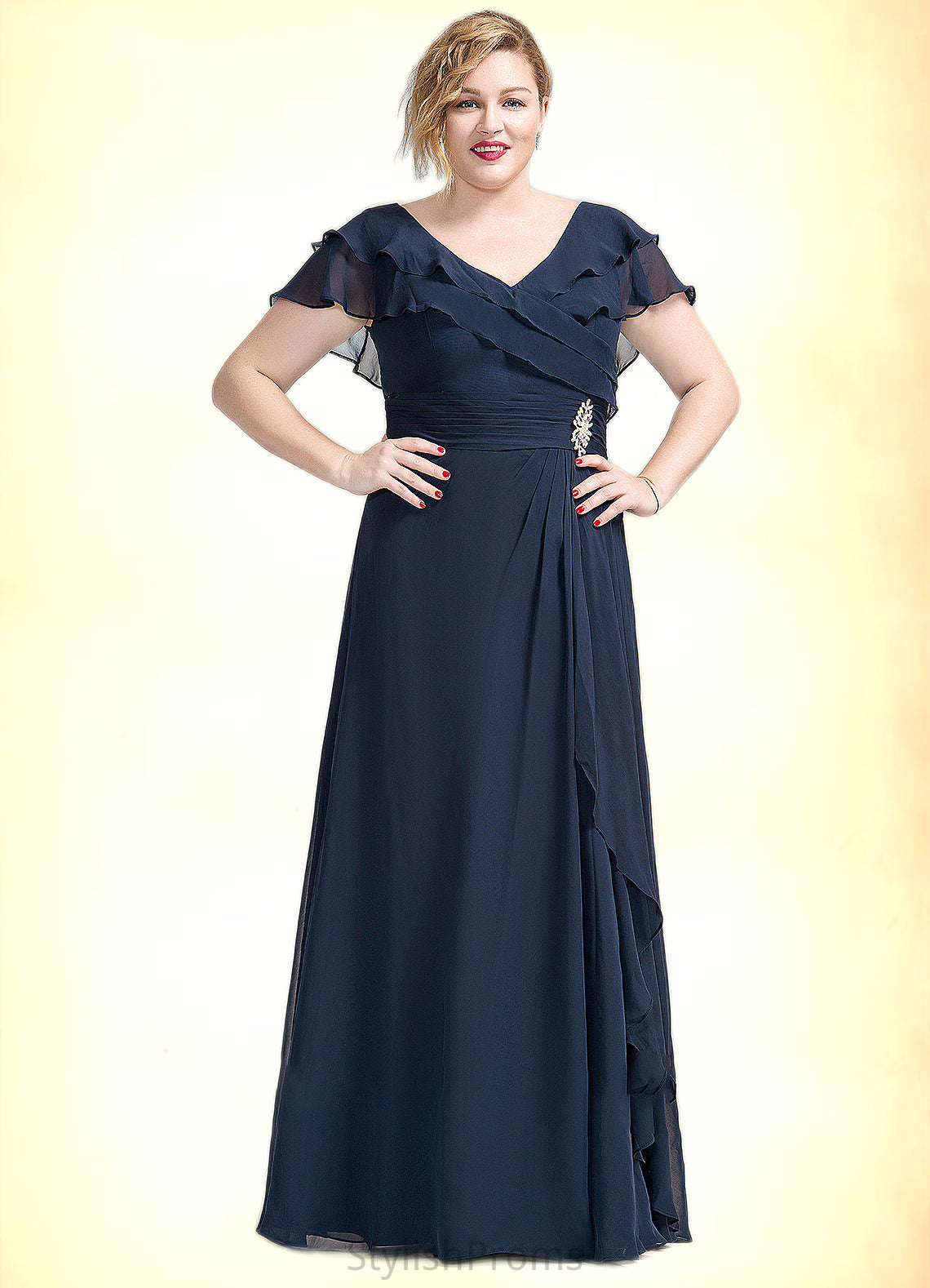 Riley A-Line V-neck Floor-Length Chiffon Mother of the Bride Dress With Crystal Brooch Cascading Ruffles HQ126P0014796