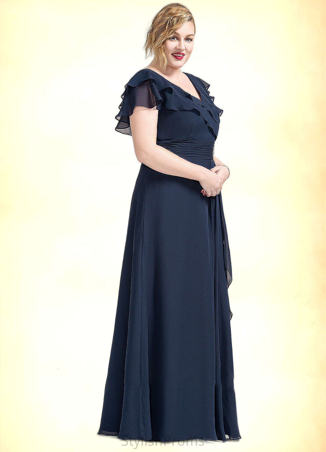 Riley A-Line V-neck Floor-Length Chiffon Mother of the Bride Dress With Crystal Brooch Cascading Ruffles HQ126P0014796