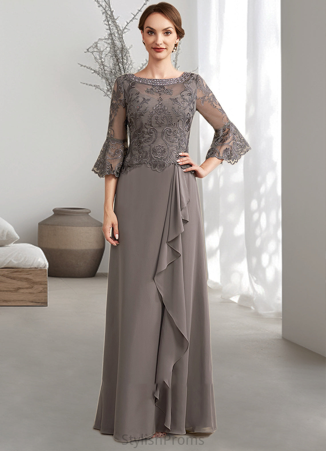 Armani A-Line Scoop Neck Floor-Length Chiffon Lace Mother of the Bride Dress With Beading Cascading Ruffles HQ126P0014797