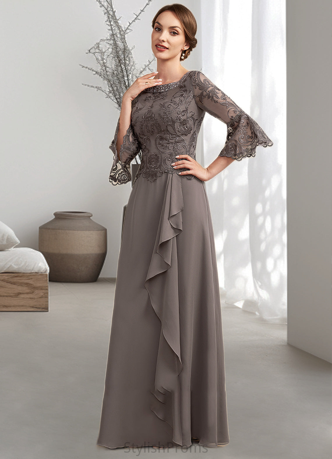 Armani A-Line Scoop Neck Floor-Length Chiffon Lace Mother of the Bride Dress With Beading Cascading Ruffles HQ126P0014797