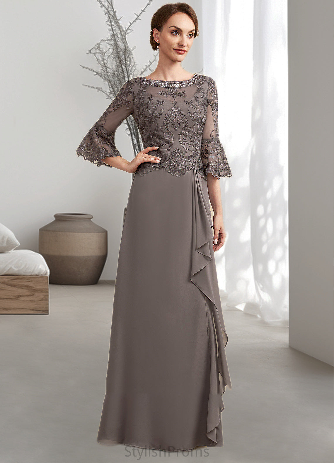 Armani A-Line Scoop Neck Floor-Length Chiffon Lace Mother of the Bride Dress With Beading Cascading Ruffles HQ126P0014797