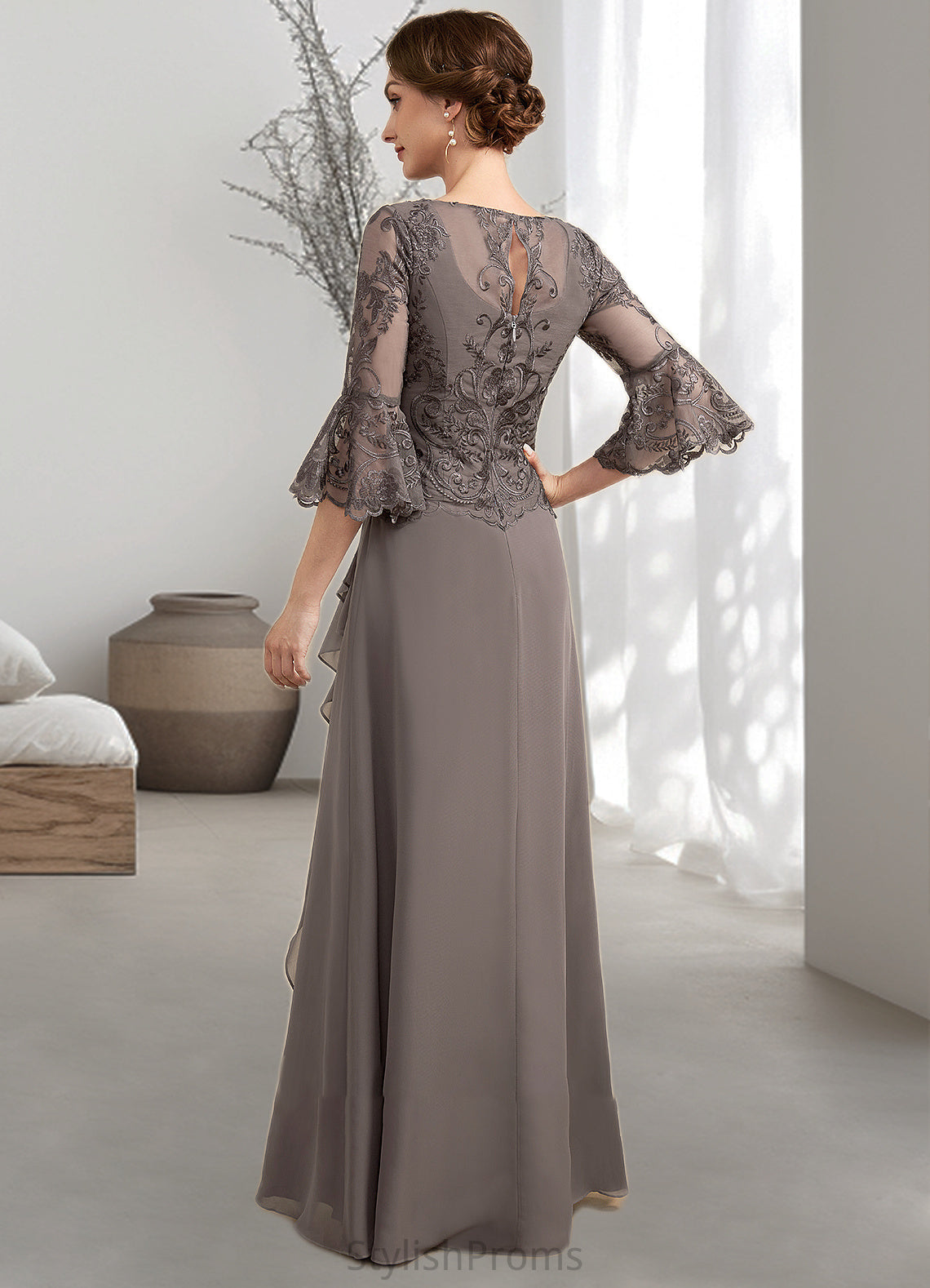 Armani A-Line Scoop Neck Floor-Length Chiffon Lace Mother of the Bride Dress With Beading Cascading Ruffles HQ126P0014797