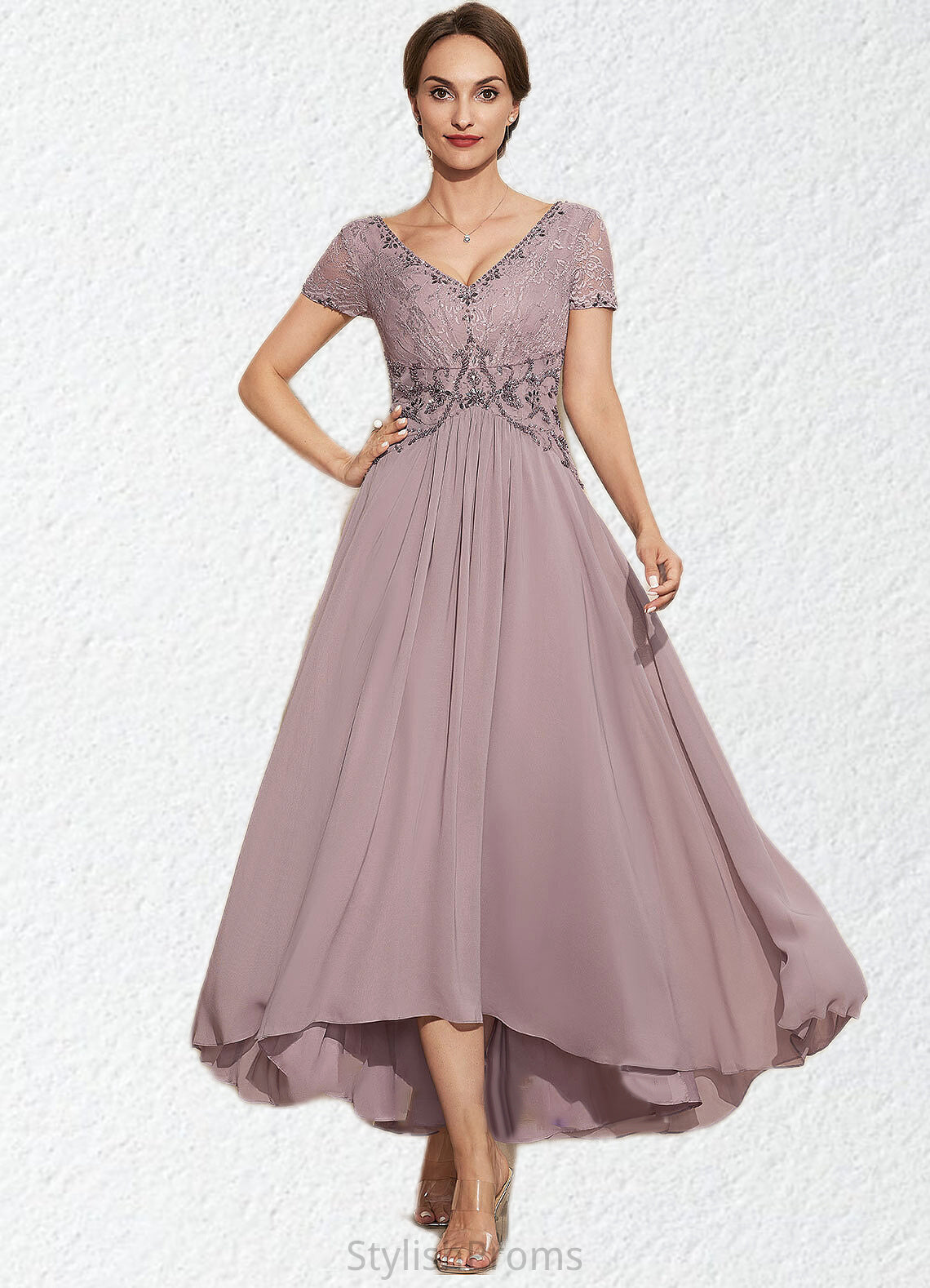 Chloe A-Line V-neck Asymmetrical Chiffon Lace Mother of the Bride Dress With Beading HQ126P0014799