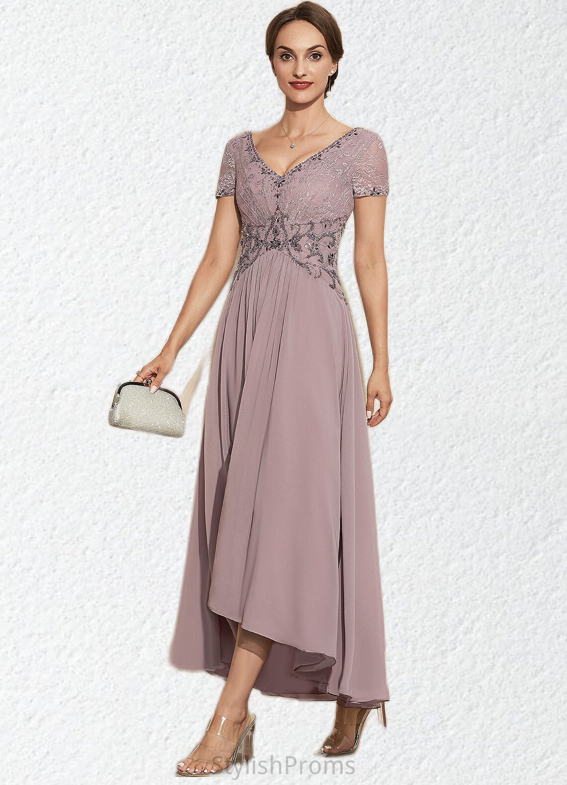 Chloe A-Line V-neck Asymmetrical Chiffon Lace Mother of the Bride Dress With Beading HQ126P0014799