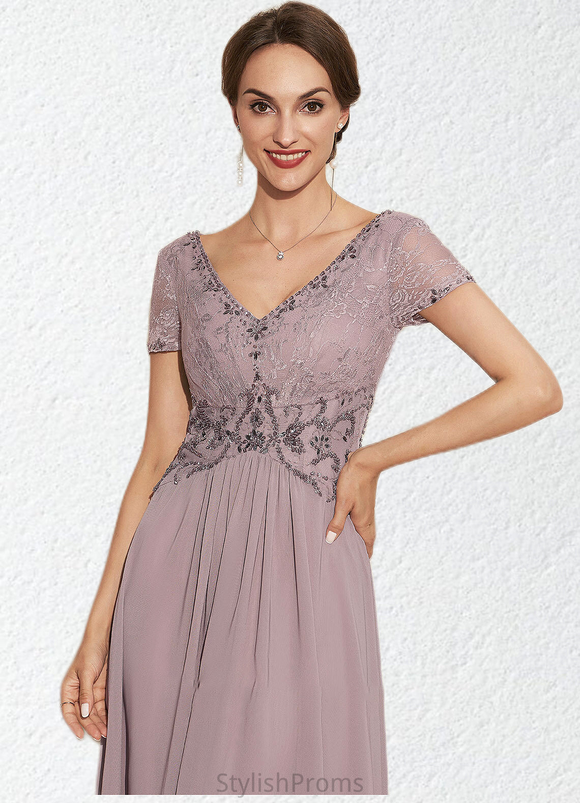 Chloe A-Line V-neck Asymmetrical Chiffon Lace Mother of the Bride Dress With Beading HQ126P0014799