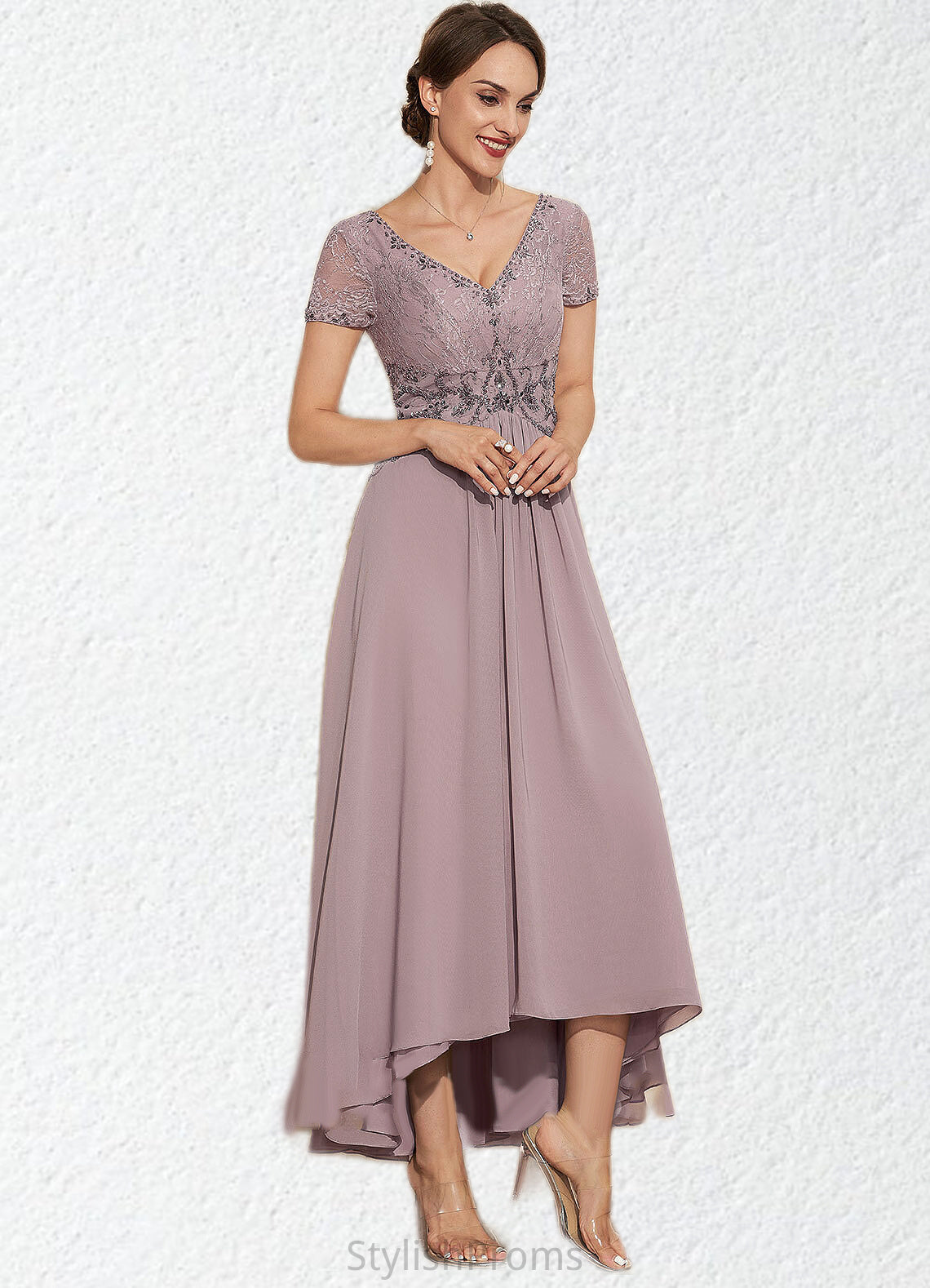 Chloe A-Line V-neck Asymmetrical Chiffon Lace Mother of the Bride Dress With Beading HQ126P0014799