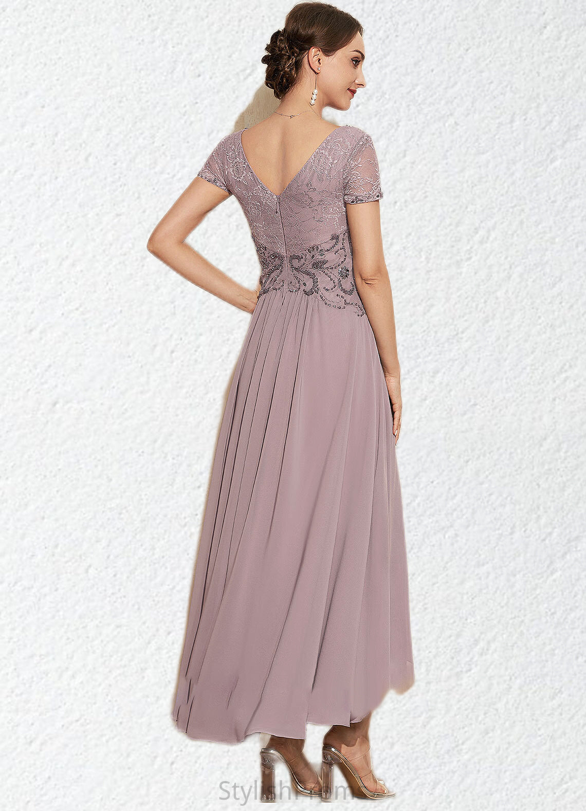 Chloe A-Line V-neck Asymmetrical Chiffon Lace Mother of the Bride Dress With Beading HQ126P0014799