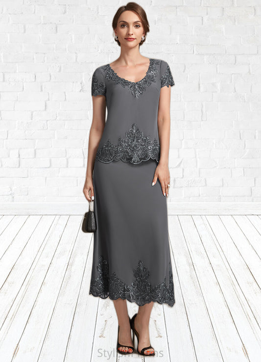 Hailey A-Line Scoop Neck Tea-Length Chiffon Lace Mother of the Bride Dress With Sequins HQ126P0014800