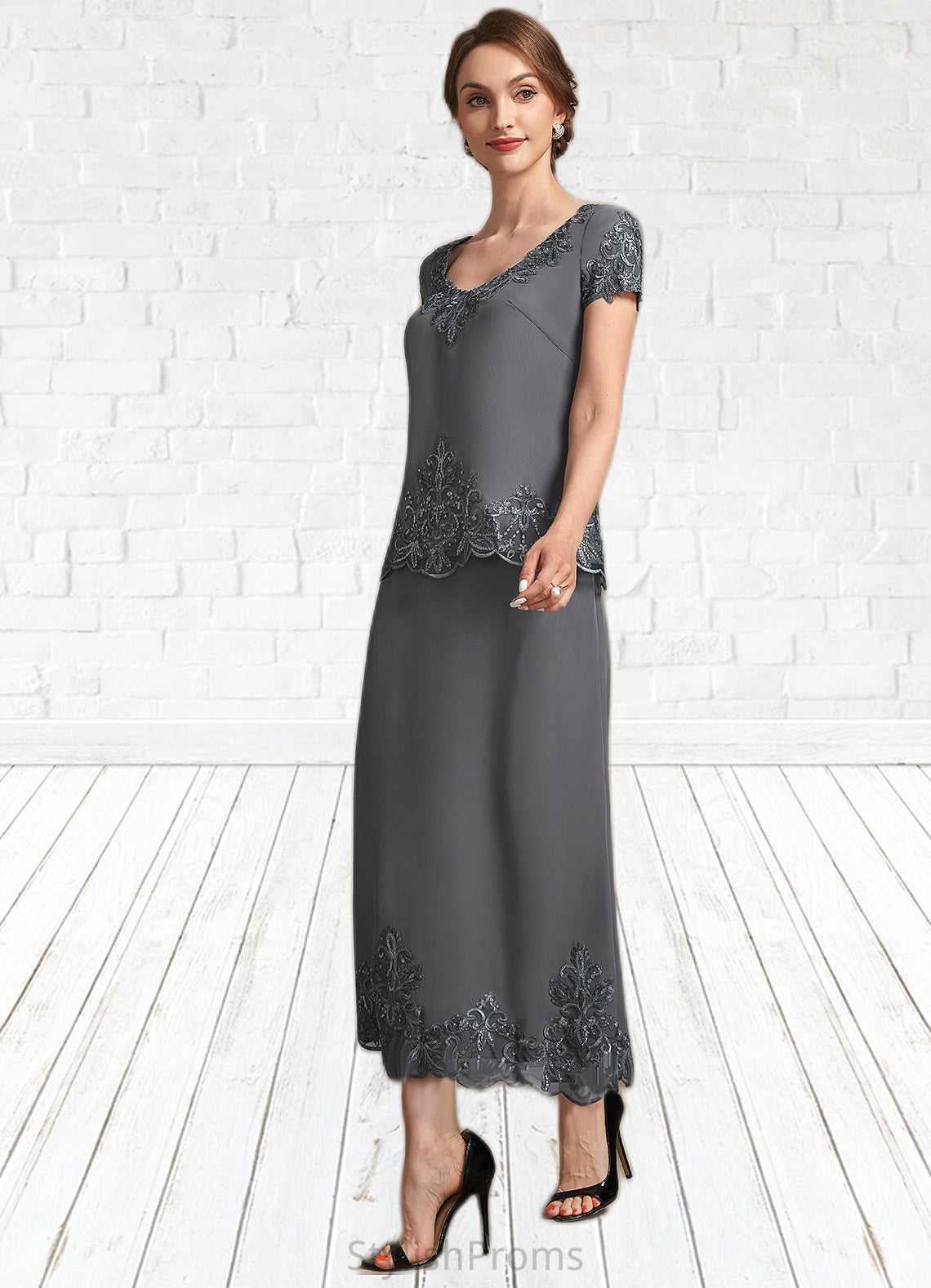 Hailey A-Line Scoop Neck Tea-Length Chiffon Lace Mother of the Bride Dress With Sequins HQ126P0014800