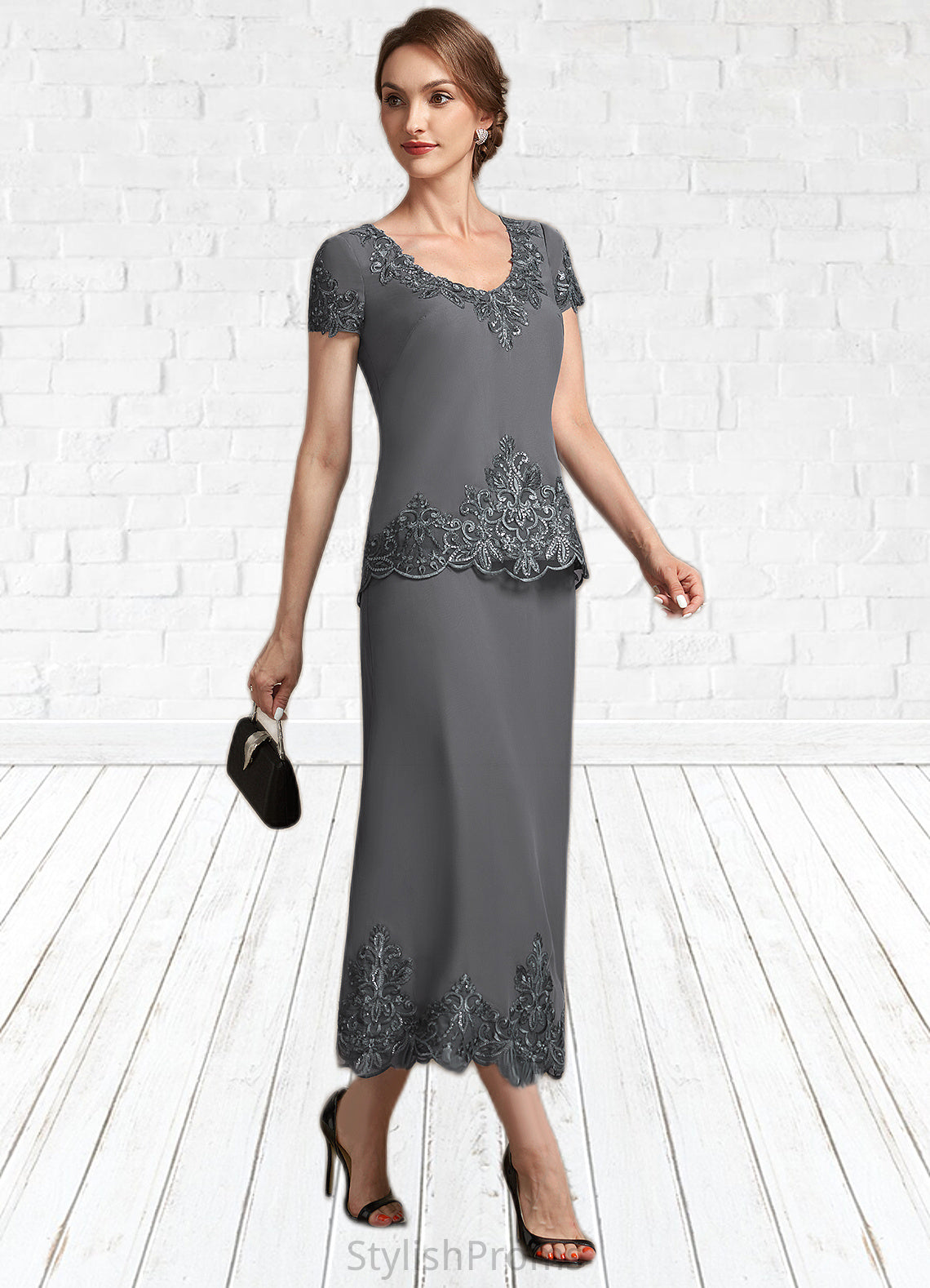 Hailey A-Line Scoop Neck Tea-Length Chiffon Lace Mother of the Bride Dress With Sequins HQ126P0014800