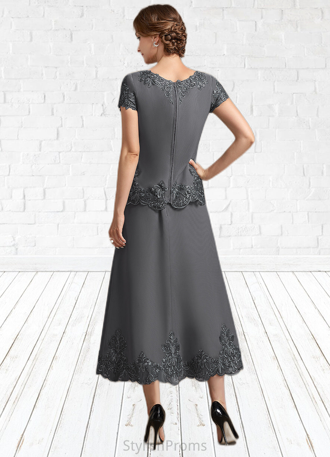 Hailey A-Line Scoop Neck Tea-Length Chiffon Lace Mother of the Bride Dress With Sequins HQ126P0014800