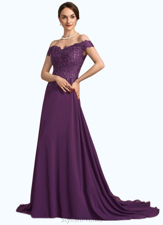 Kennedy A-Line Off-the-Shoulder Sweep Train Chiffon Lace Mother of the Bride Dress With Beading Sequins HQ126P0014801