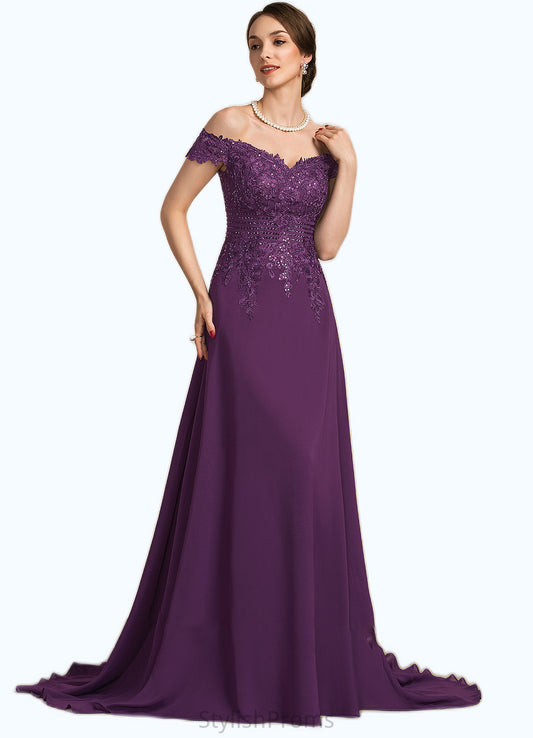 Kennedy A-Line Off-the-Shoulder Sweep Train Chiffon Lace Mother of the Bride Dress With Beading Sequins HQ126P0014801