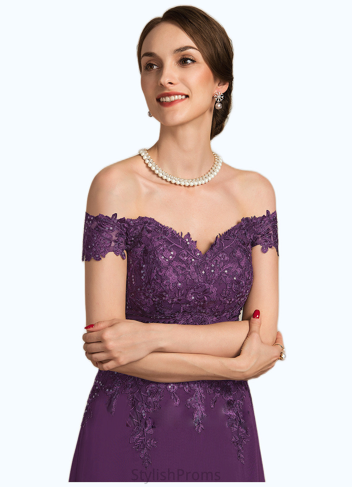 Kennedy A-Line Off-the-Shoulder Sweep Train Chiffon Lace Mother of the Bride Dress With Beading Sequins HQ126P0014801