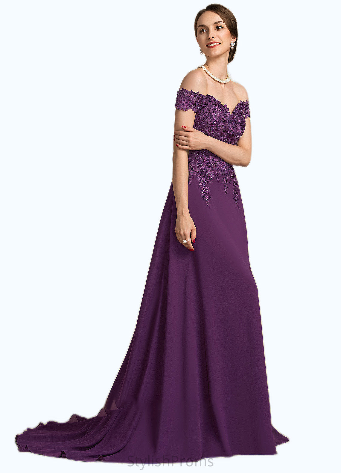 Kennedy A-Line Off-the-Shoulder Sweep Train Chiffon Lace Mother of the Bride Dress With Beading Sequins HQ126P0014801