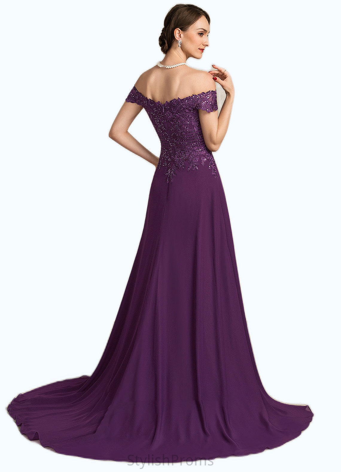 Kennedy A-Line Off-the-Shoulder Sweep Train Chiffon Lace Mother of the Bride Dress With Beading Sequins HQ126P0014801