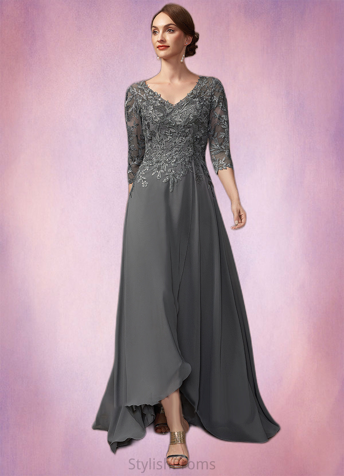 Skylar A-Line V-neck Asymmetrical Chiffon Lace Mother of the Bride Dress With Sequins HQ126P0014803