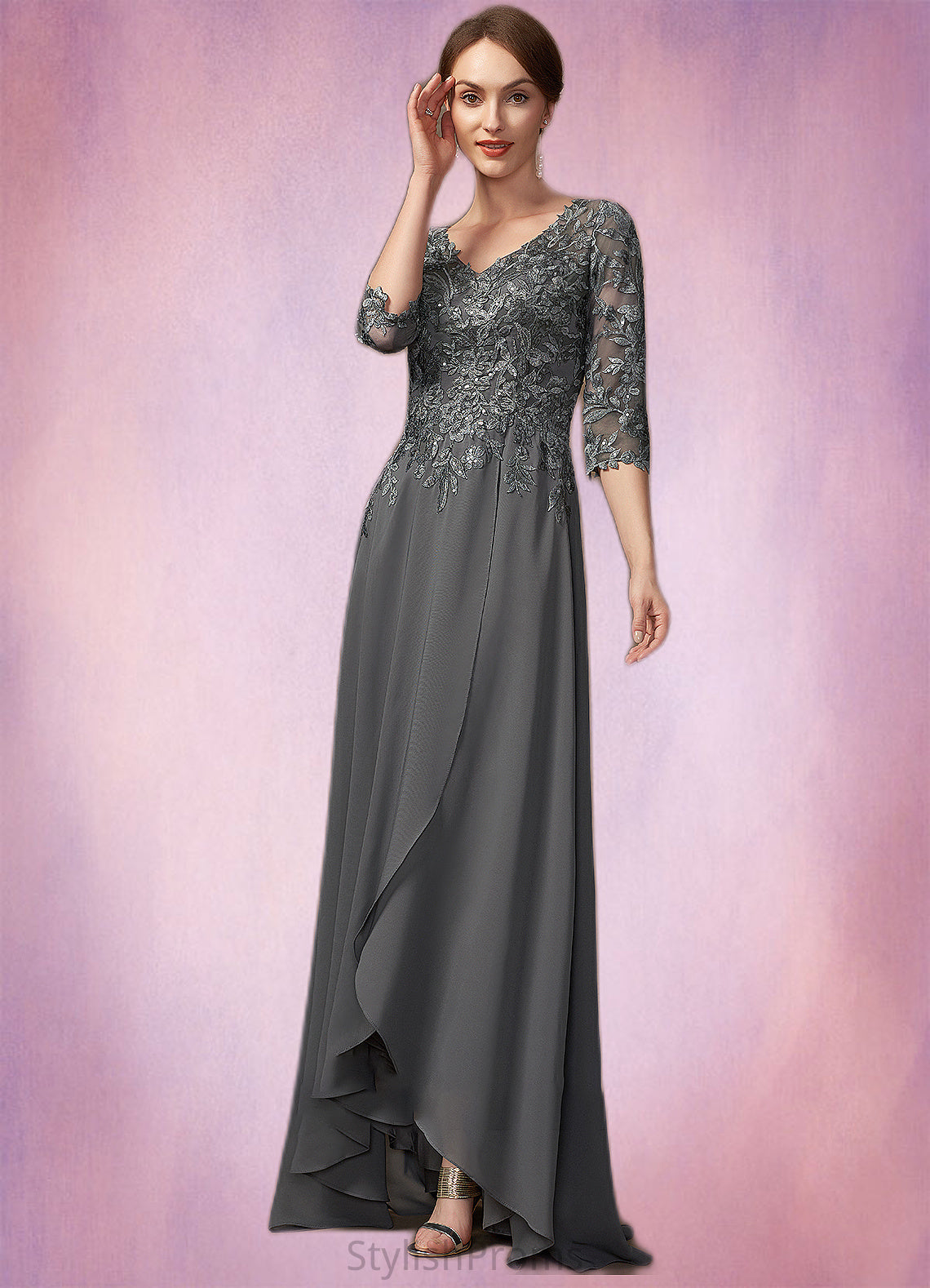 Skylar A-Line V-neck Asymmetrical Chiffon Lace Mother of the Bride Dress With Sequins HQ126P0014803