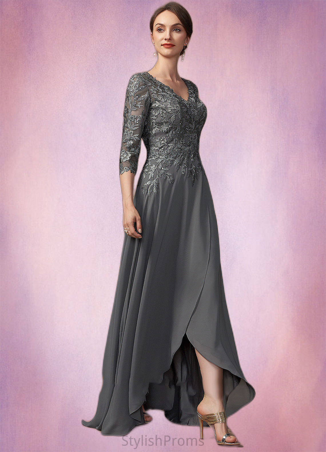 Skylar A-Line V-neck Asymmetrical Chiffon Lace Mother of the Bride Dress With Sequins HQ126P0014803