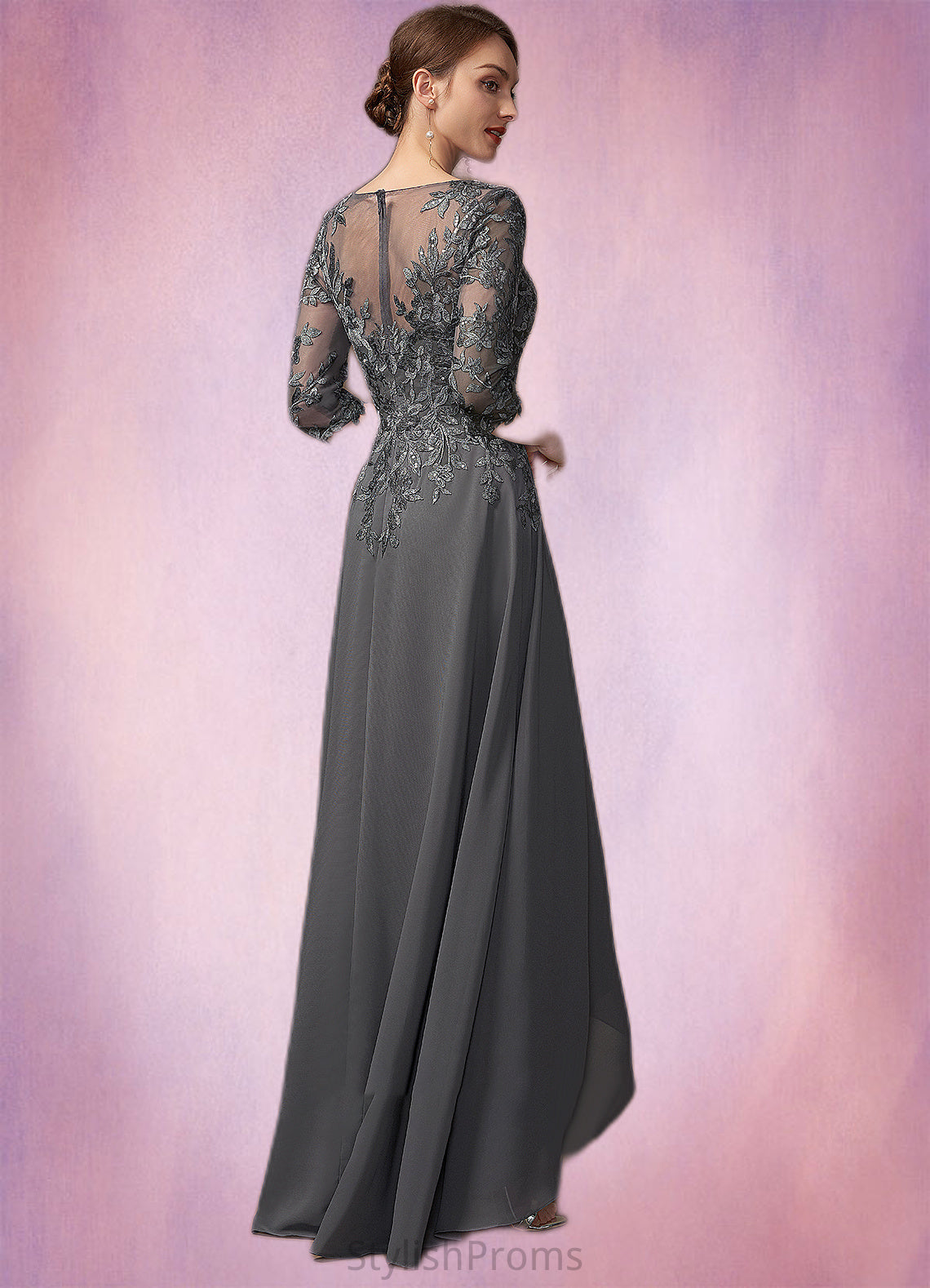 Skylar A-Line V-neck Asymmetrical Chiffon Lace Mother of the Bride Dress With Sequins HQ126P0014803