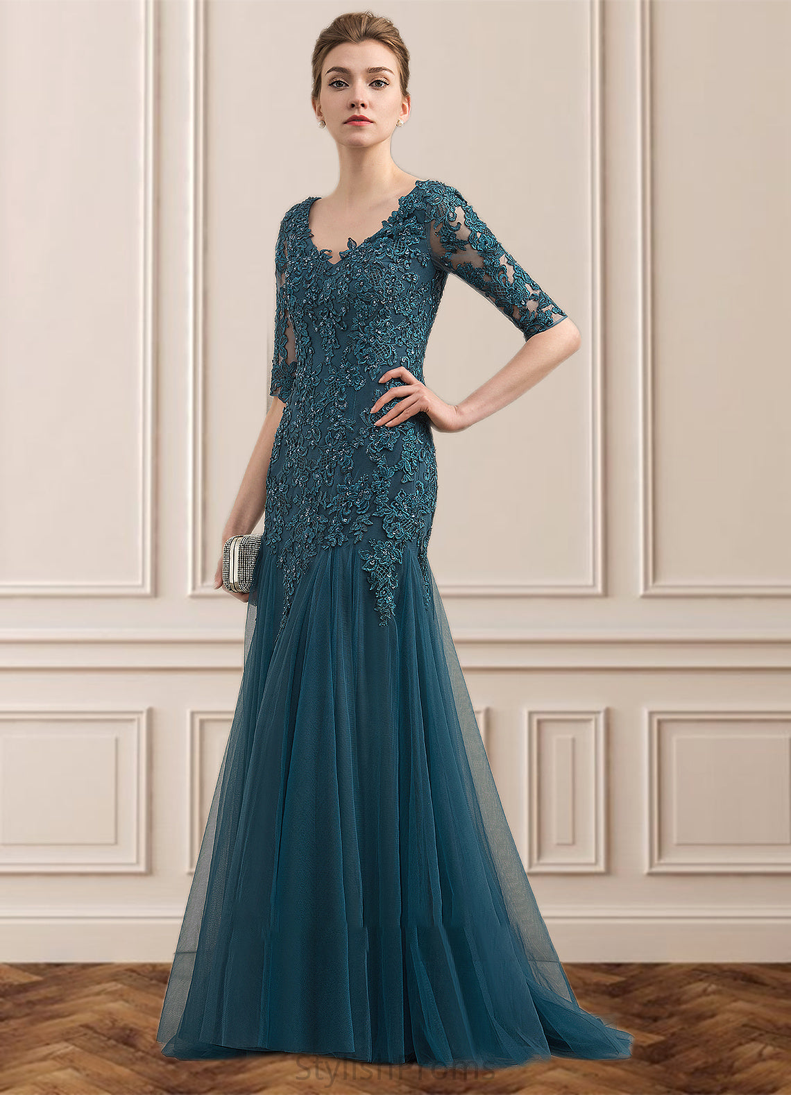 Lily Trumpet/Mermaid V-neck Sweep Train Tulle Lace Mother of the Bride Dress With Beading Sequins HQ126P0014804