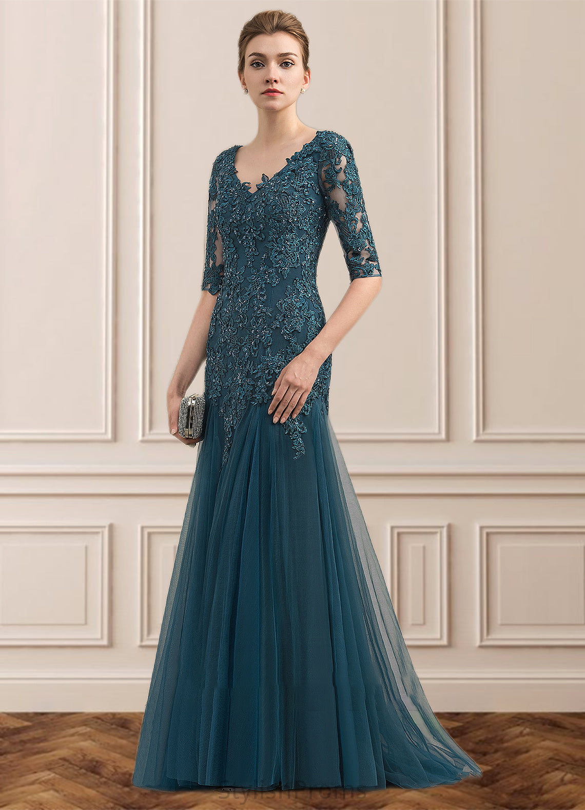 Lily Trumpet/Mermaid V-neck Sweep Train Tulle Lace Mother of the Bride Dress With Beading Sequins HQ126P0014804