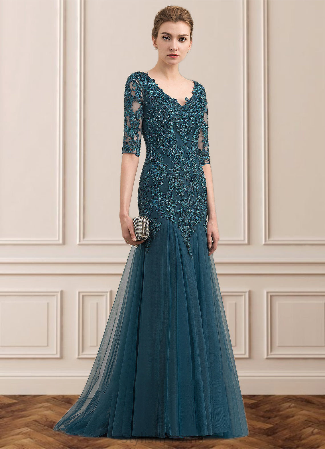 Lily Trumpet/Mermaid V-neck Sweep Train Tulle Lace Mother of the Bride Dress With Beading Sequins HQ126P0014804