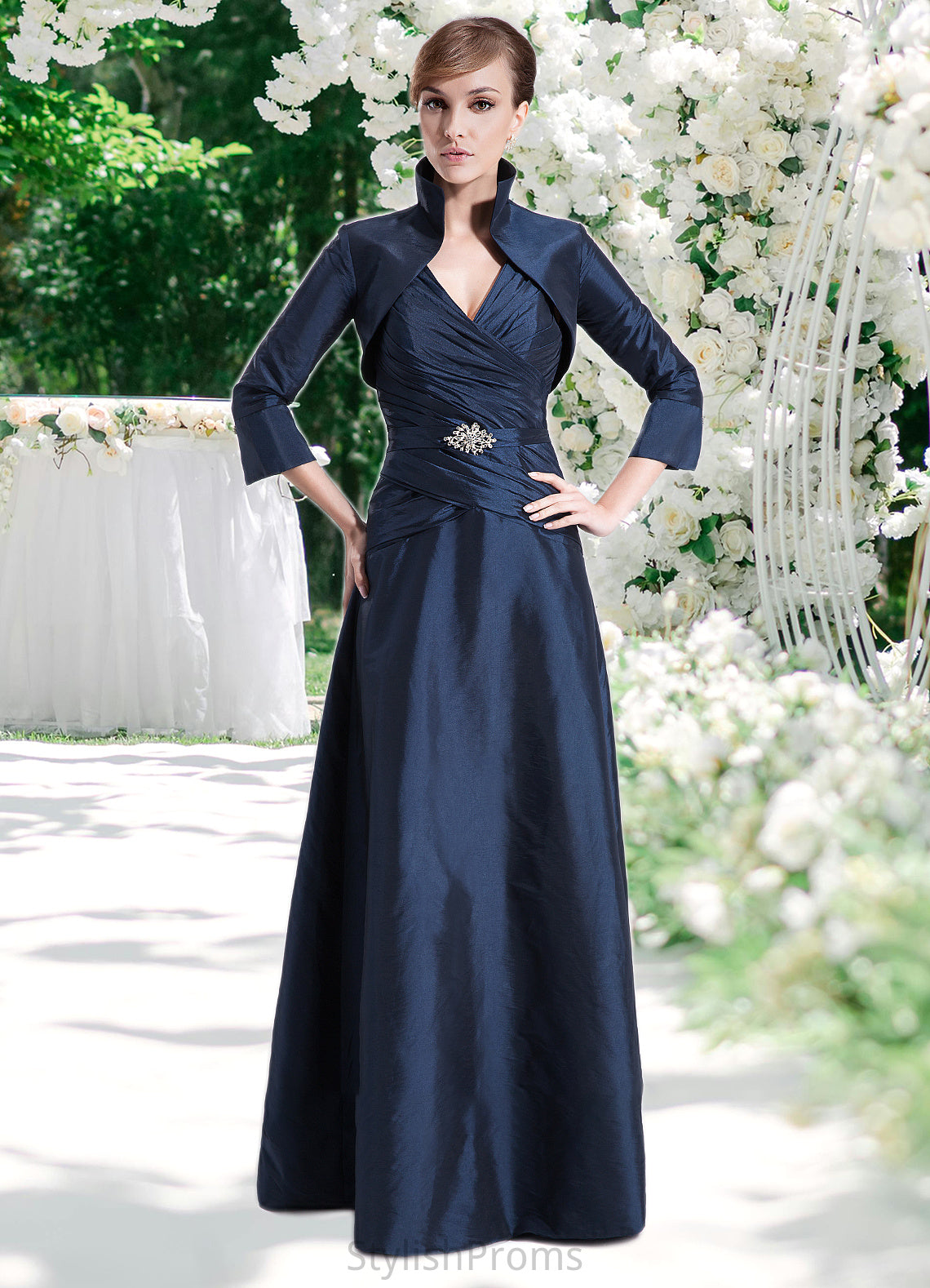 Paola A-Line V-neck Floor-Length Taffeta Mother of the Bride Dress With Ruffle Beading HQ126P0014807