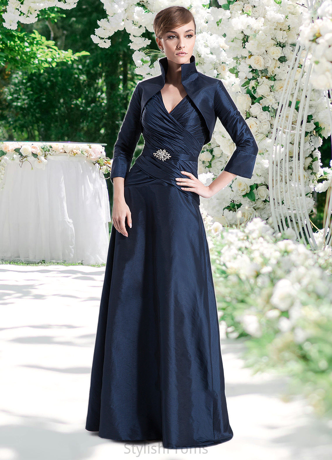 Paola A-Line V-neck Floor-Length Taffeta Mother of the Bride Dress With Ruffle Beading HQ126P0014807