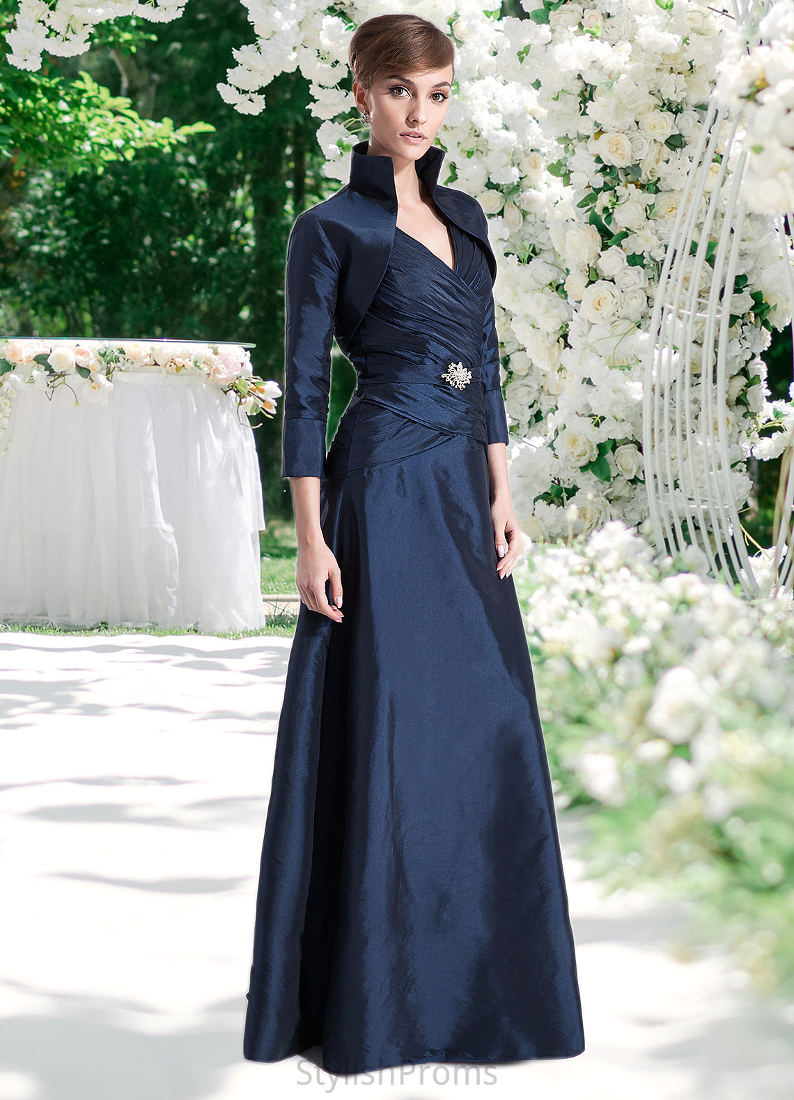 Paola A-Line V-neck Floor-Length Taffeta Mother of the Bride Dress With Ruffle Beading HQ126P0014807