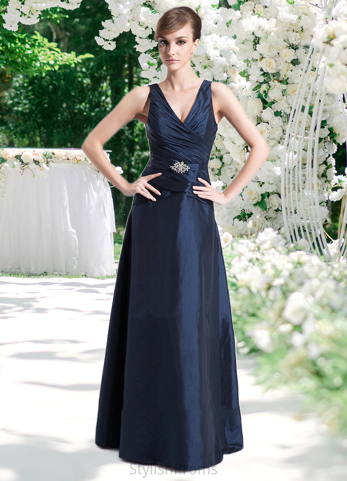 Paola A-Line V-neck Floor-Length Taffeta Mother of the Bride Dress With Ruffle Beading HQ126P0014807