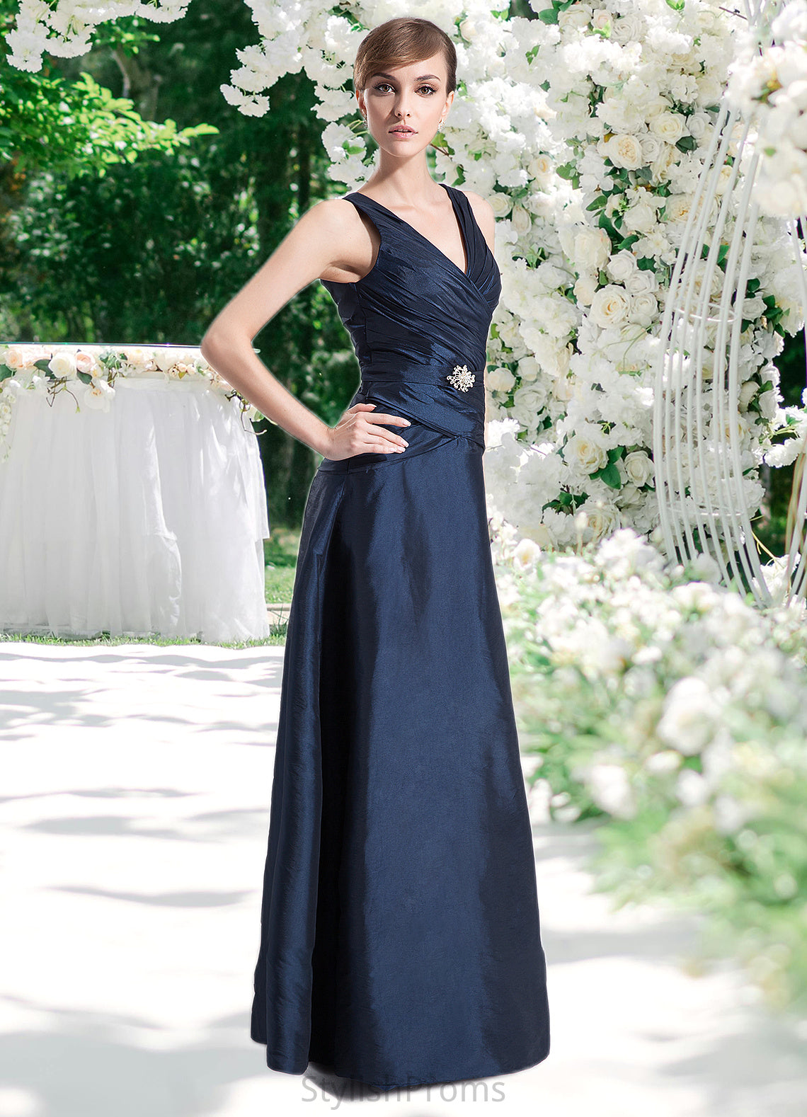 Paola A-Line V-neck Floor-Length Taffeta Mother of the Bride Dress With Ruffle Beading HQ126P0014807