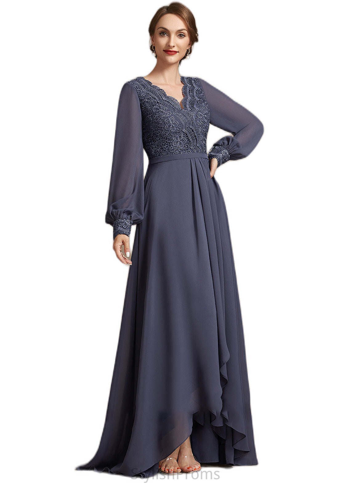 Jewel A-Line V-neck Asymmetrical Chiffon Lace Mother of the Bride Dress HQ126P0014809