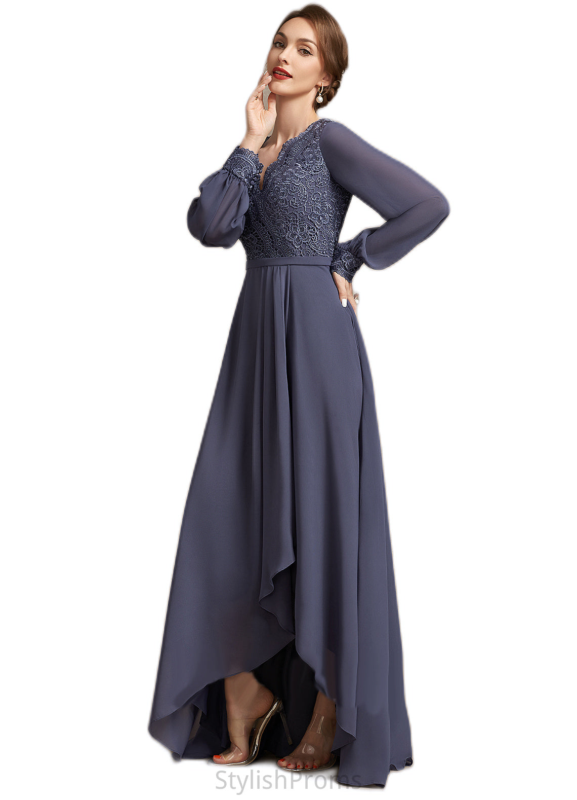 Jewel A-Line V-neck Asymmetrical Chiffon Lace Mother of the Bride Dress HQ126P0014809