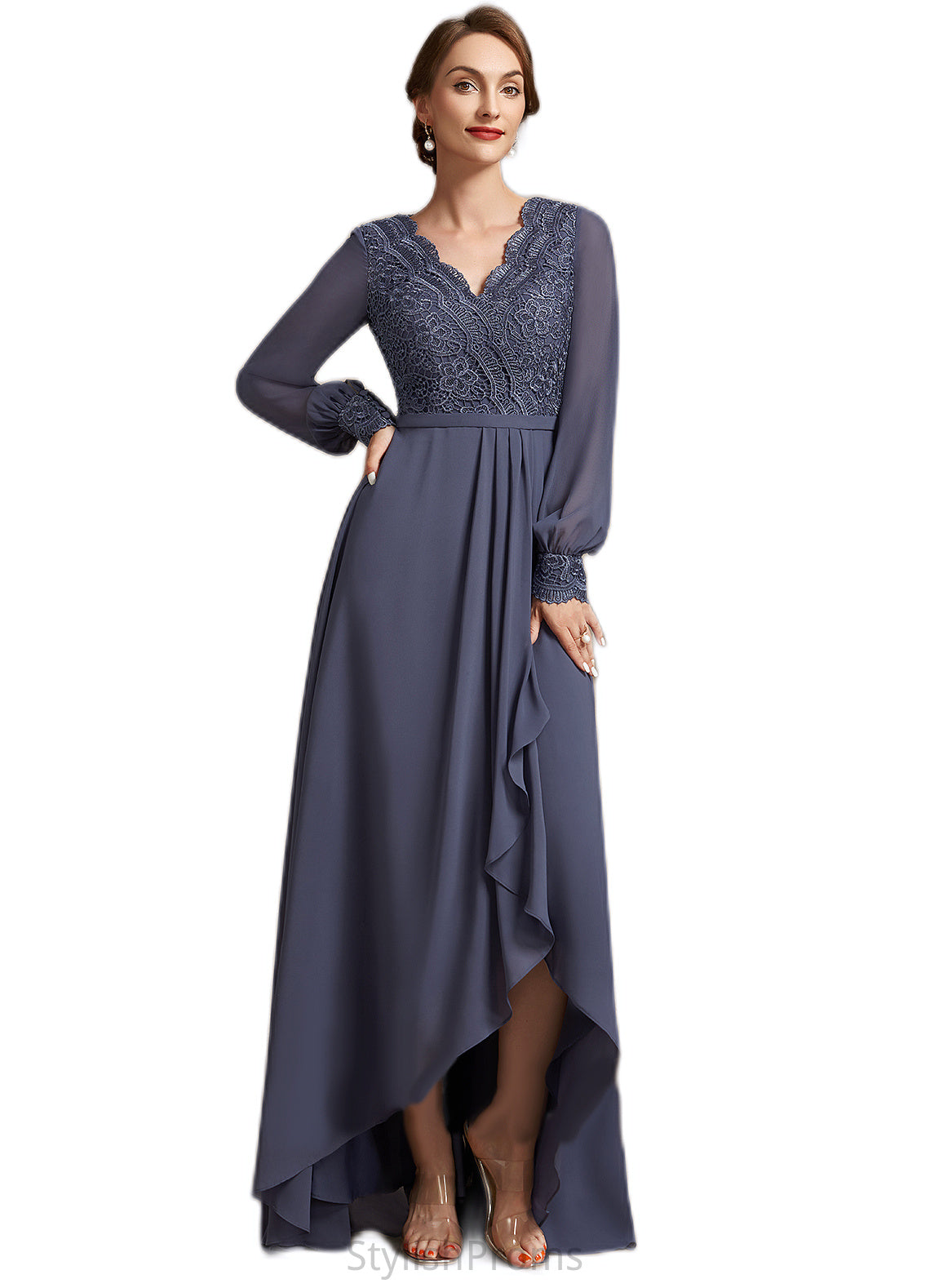 Jewel A-Line V-neck Asymmetrical Chiffon Lace Mother of the Bride Dress HQ126P0014809