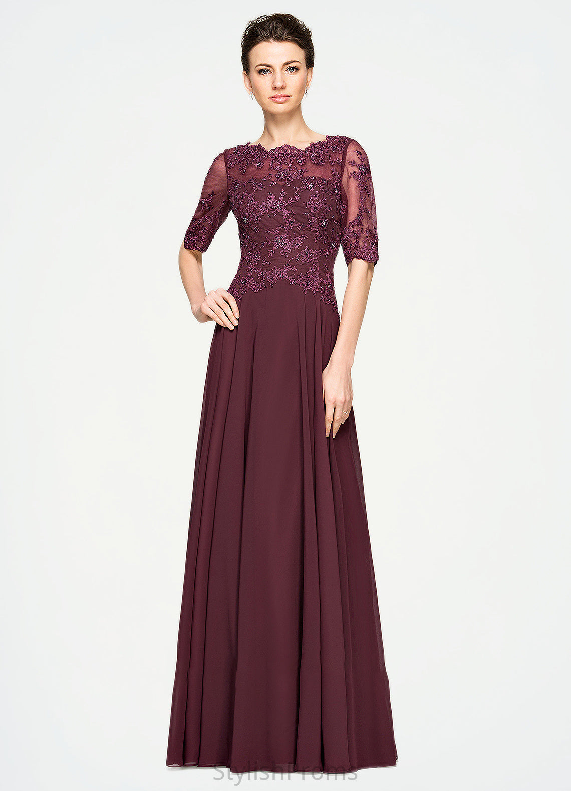 Nola A-Line Scoop Neck Floor-Length Chiffon Lace Mother of the Bride Dress With Beading Sequins HQ126P0014810