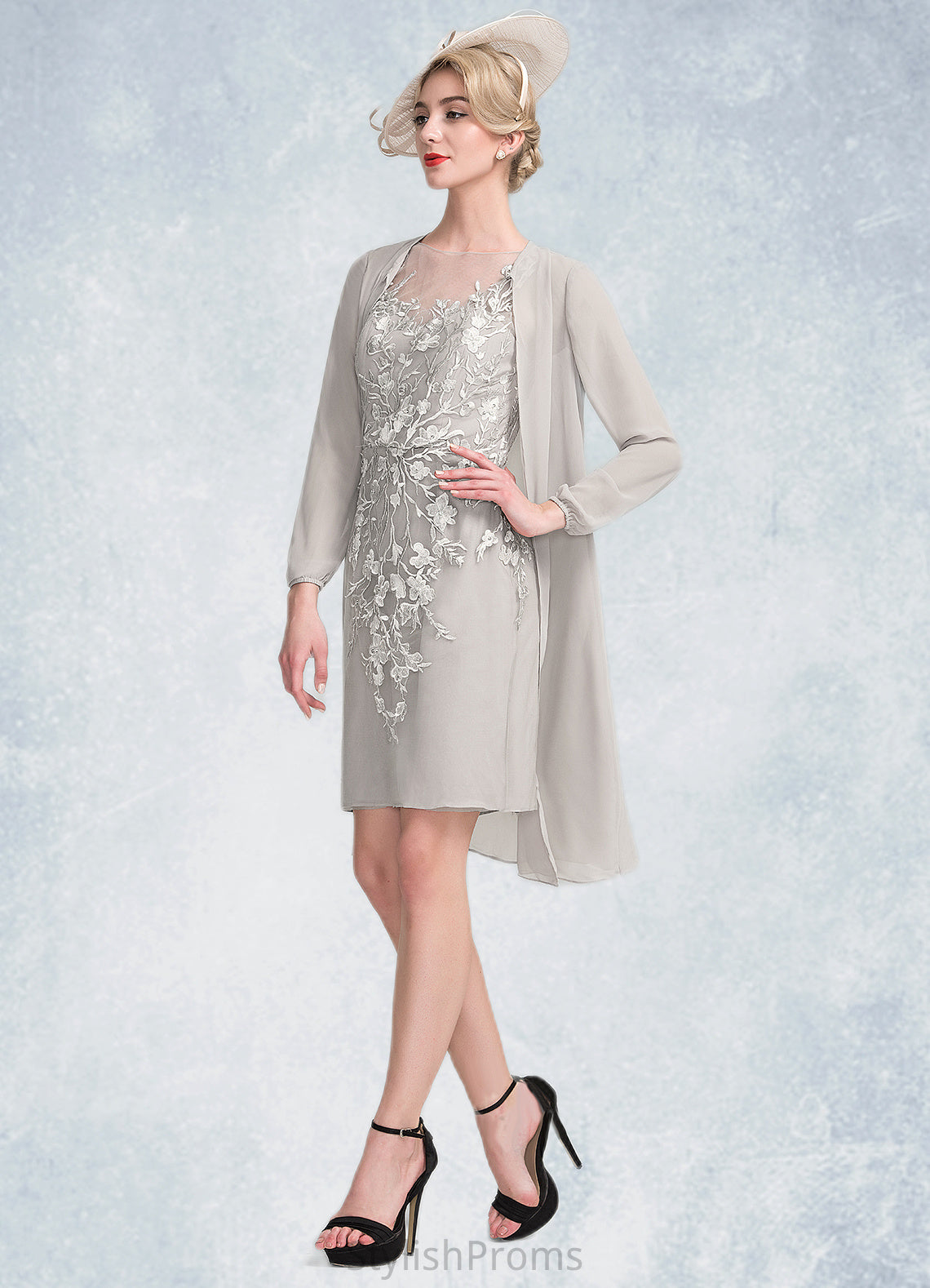 Sofia Sheath/Column Scoop Neck Knee-Length Chiffon Lace Mother of the Bride Dress With Beading Sequins HQ126P0014811