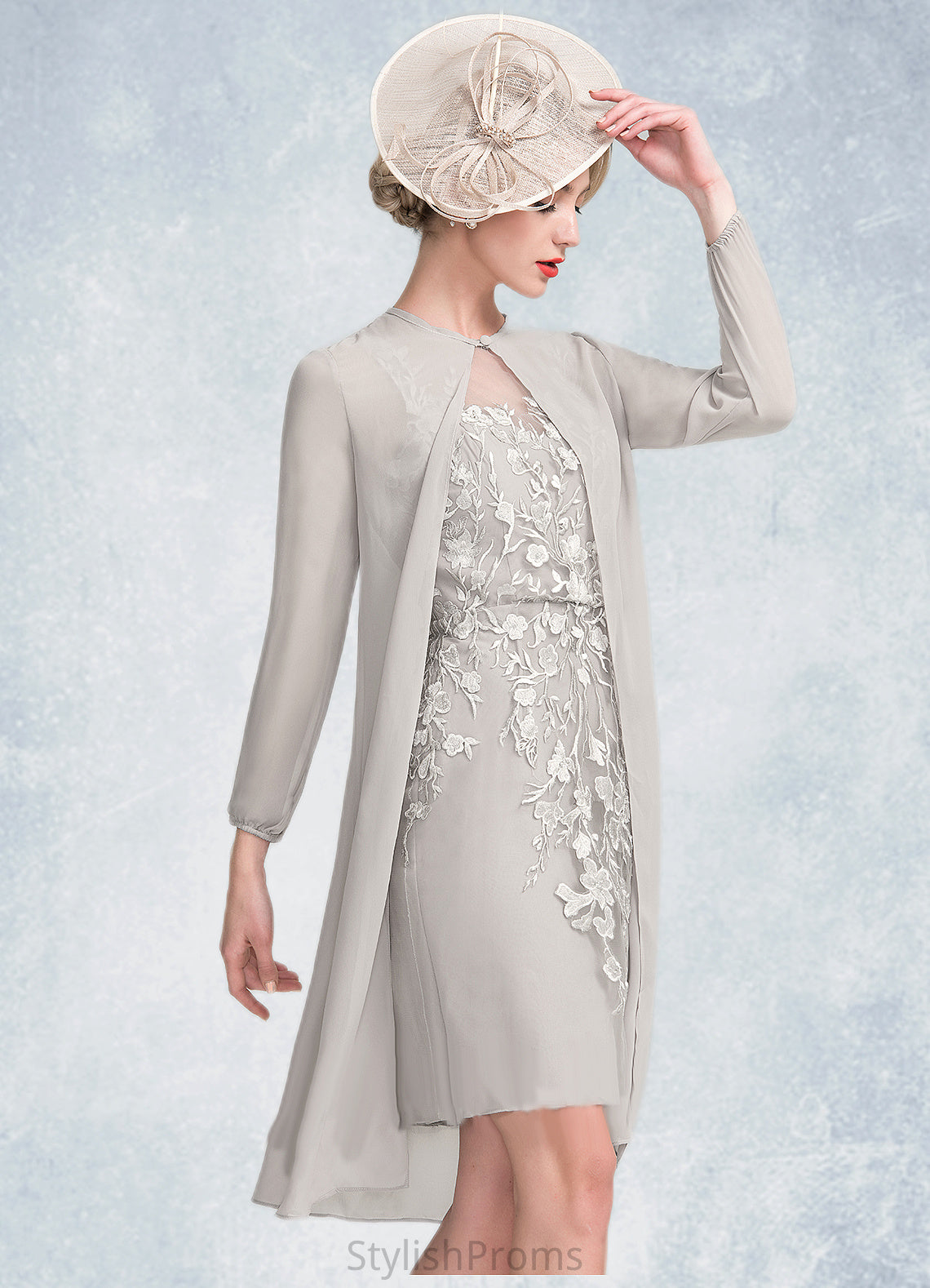 Sofia Sheath/Column Scoop Neck Knee-Length Chiffon Lace Mother of the Bride Dress With Beading Sequins HQ126P0014811