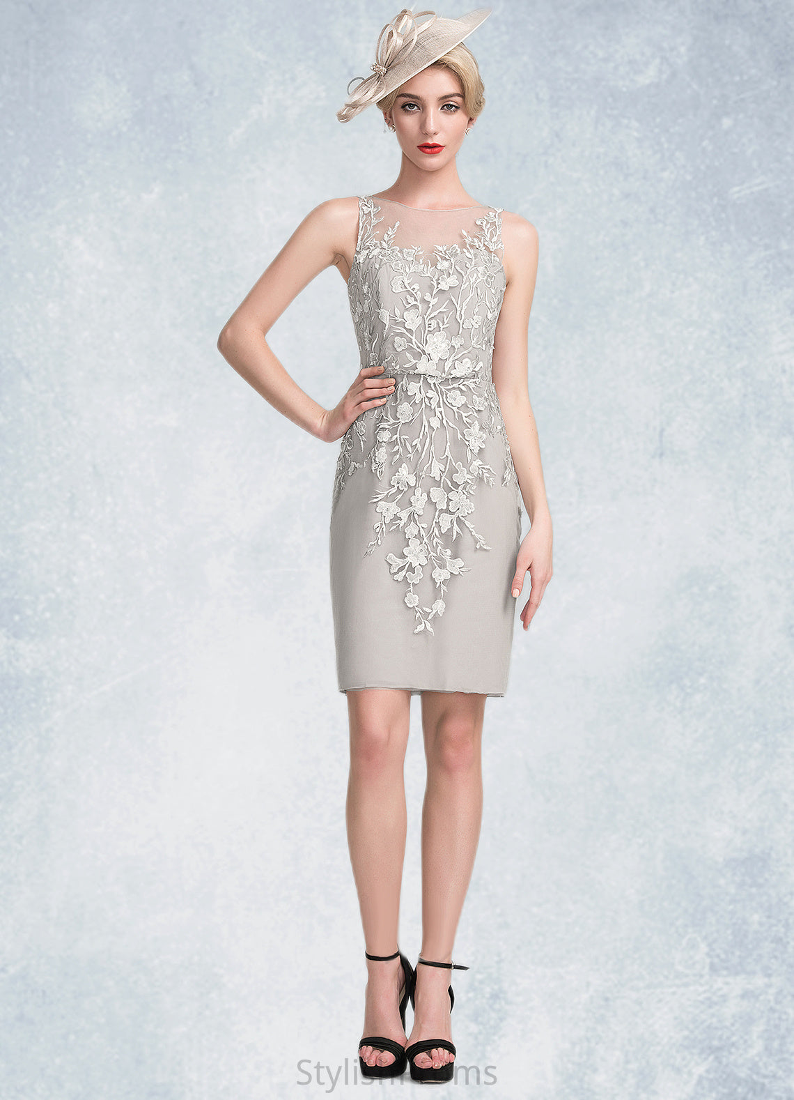 Sofia Sheath/Column Scoop Neck Knee-Length Chiffon Lace Mother of the Bride Dress With Beading Sequins HQ126P0014811